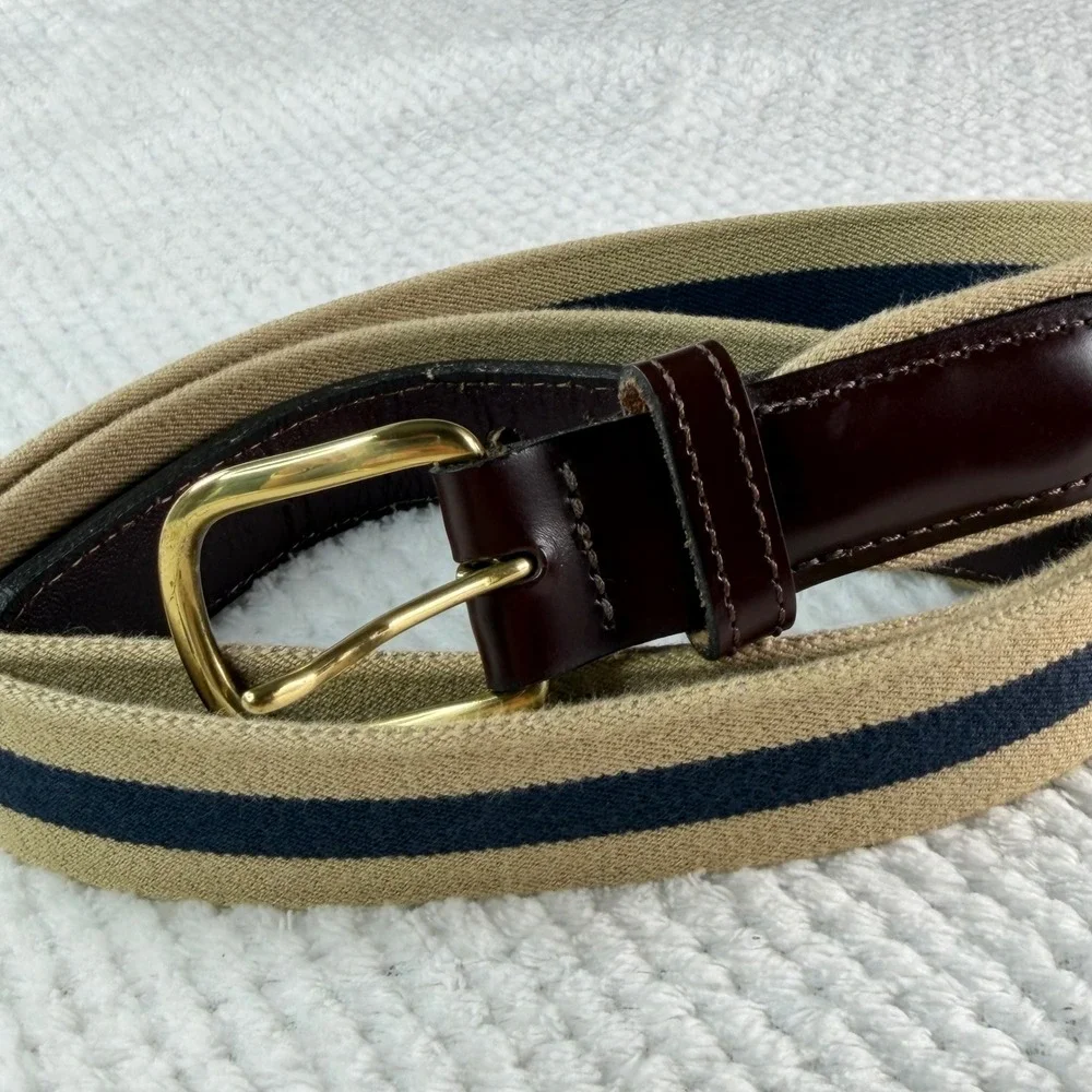 Vintage Mens Canvas Leather Stripe Belt 38 Khaki Navy Solid Brass USA